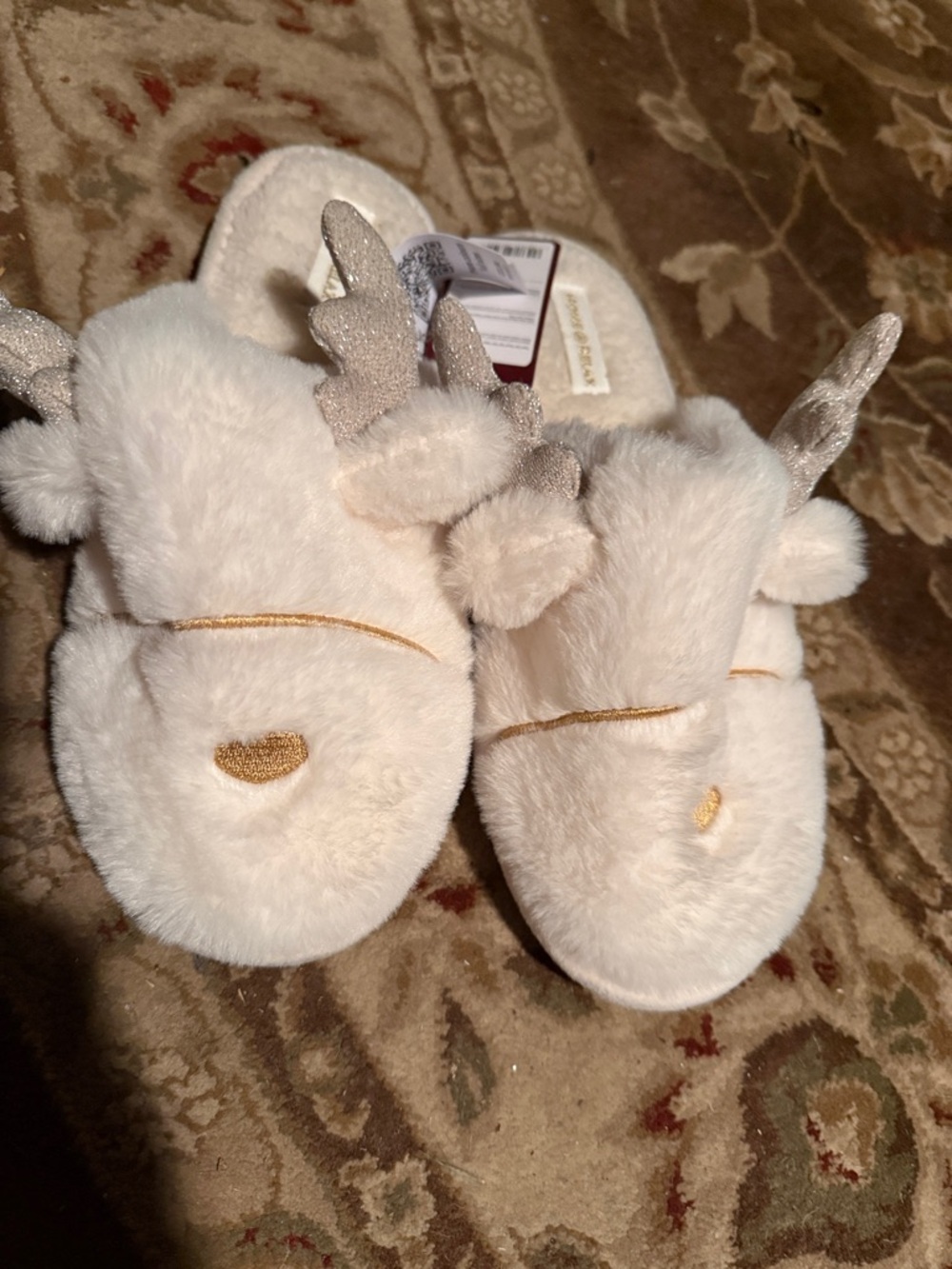 Forever 21 Cream Plush Reindeer Slippers with Gold Antlers